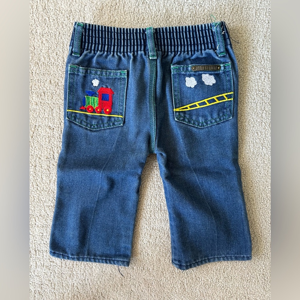 Vintage Little by Little baby boys train embroidered jeans 12 months